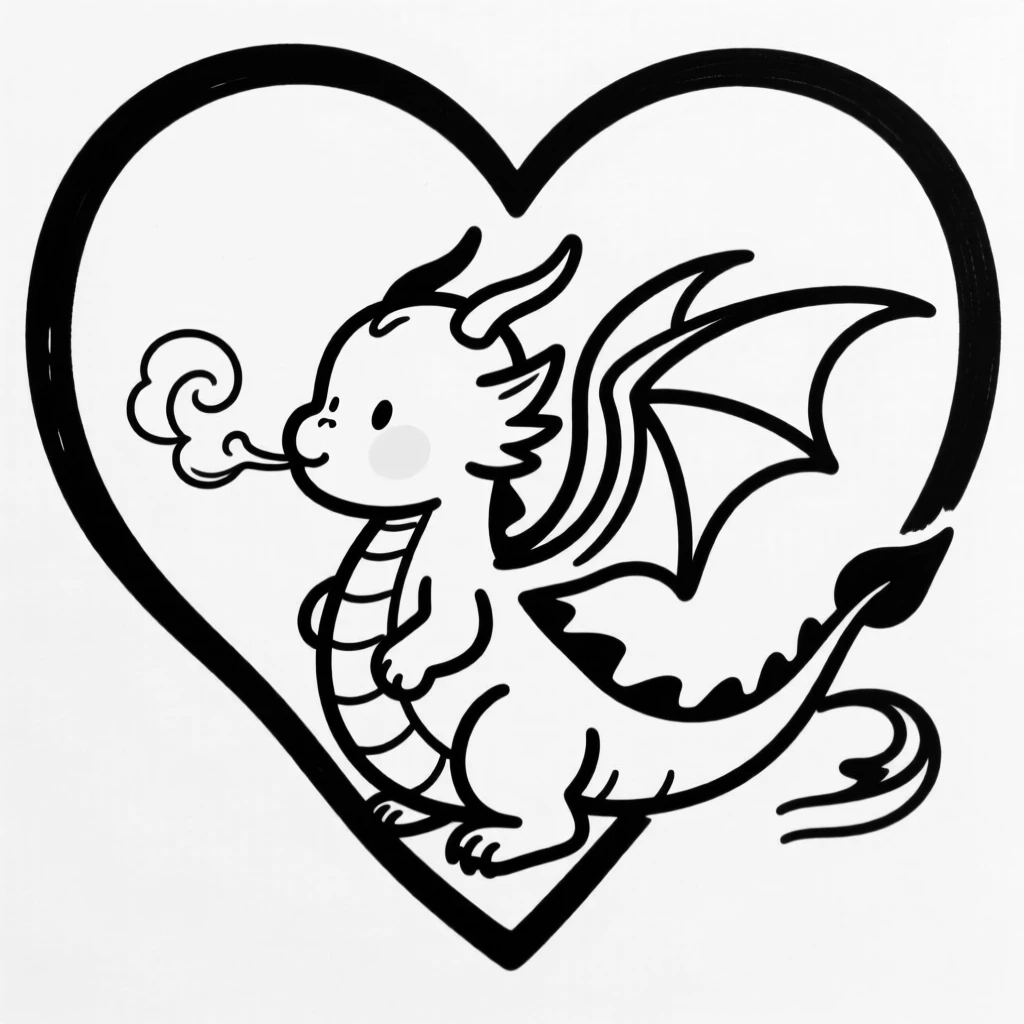 A baby dragon character blowing a tiny smoke ring shaped like a heart.