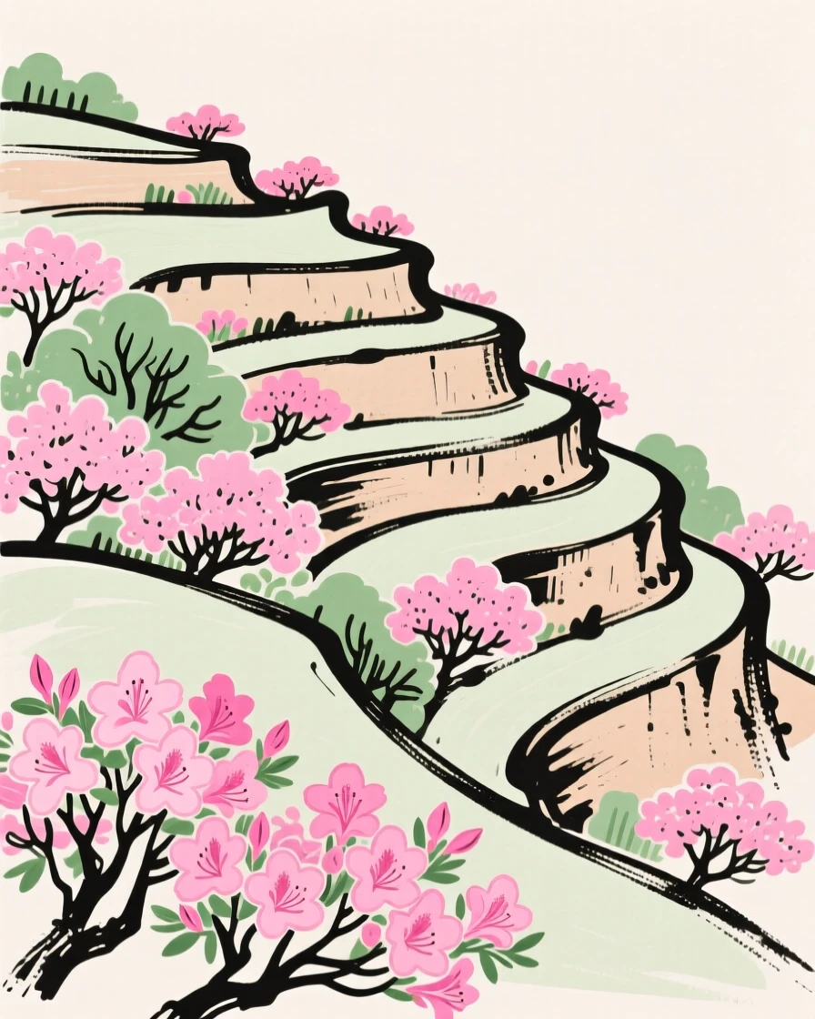 A terraced hillside covered in blooming pink azaleas.