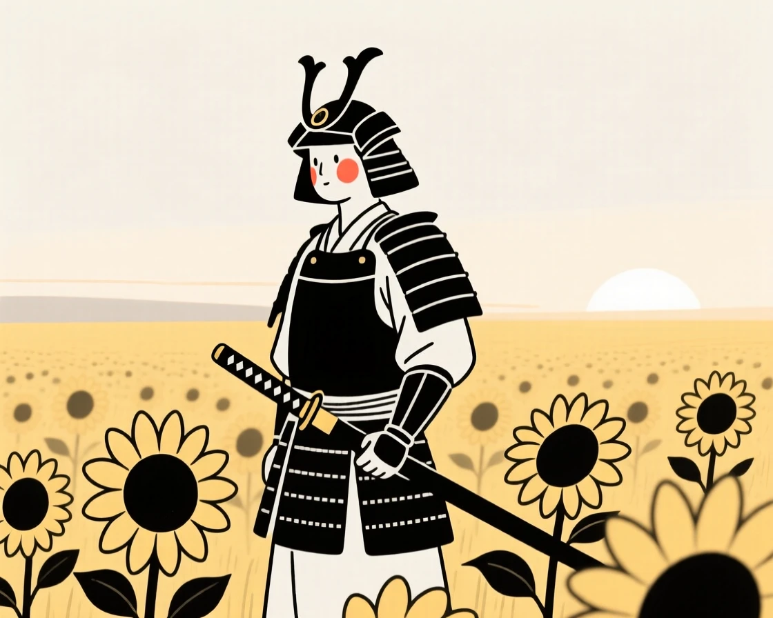 A samurai warrior at dawn, in a sunflower field.