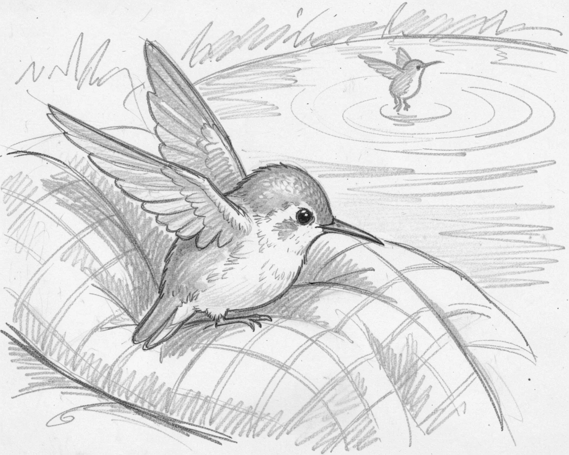 An adorable close-up of a hummingbird mid-flight curled up on a cozy blanket, with its reflection shimmering in a pond.