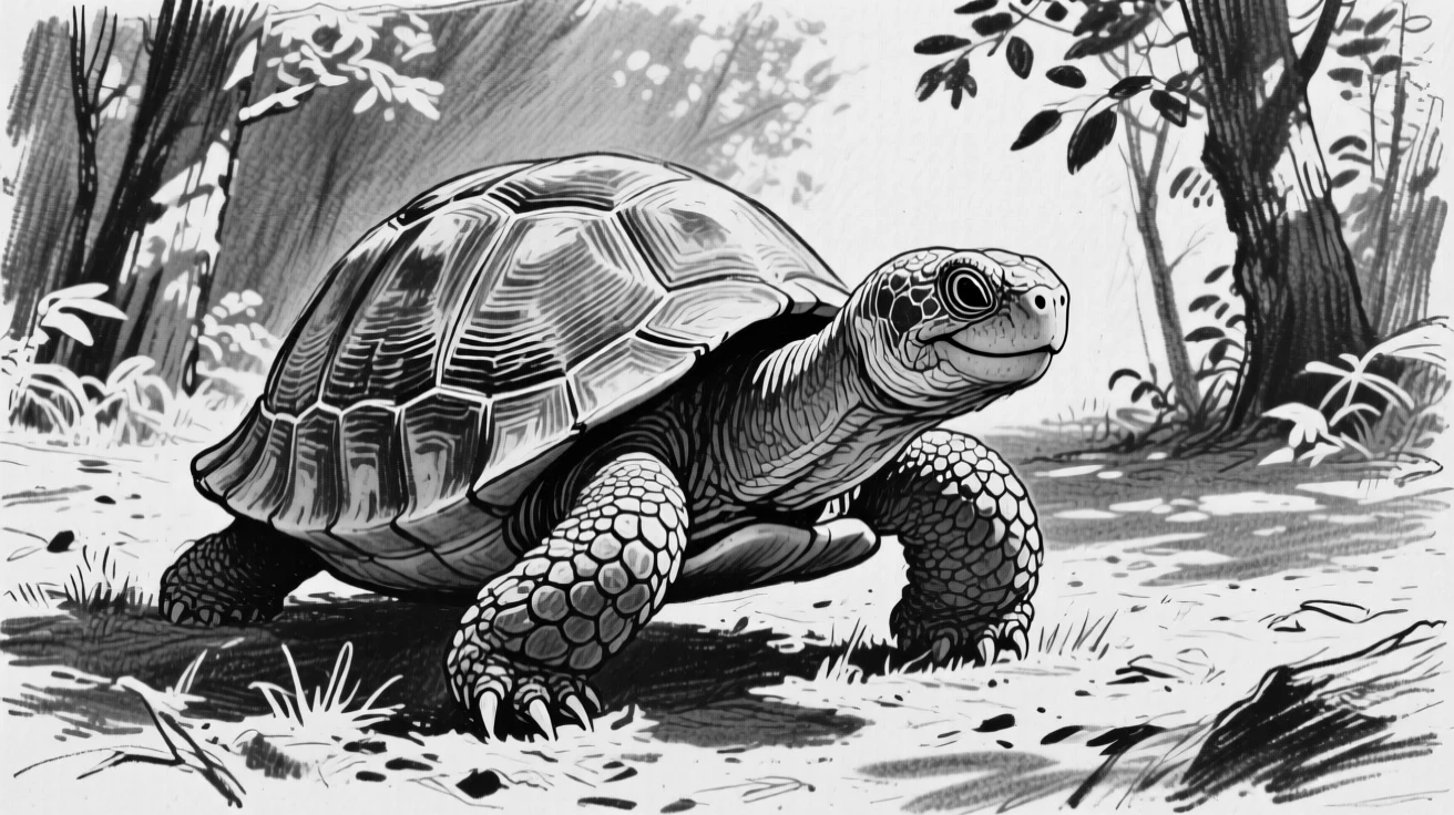 A wise old tortoise playing together in a sun-dappled clearing.
