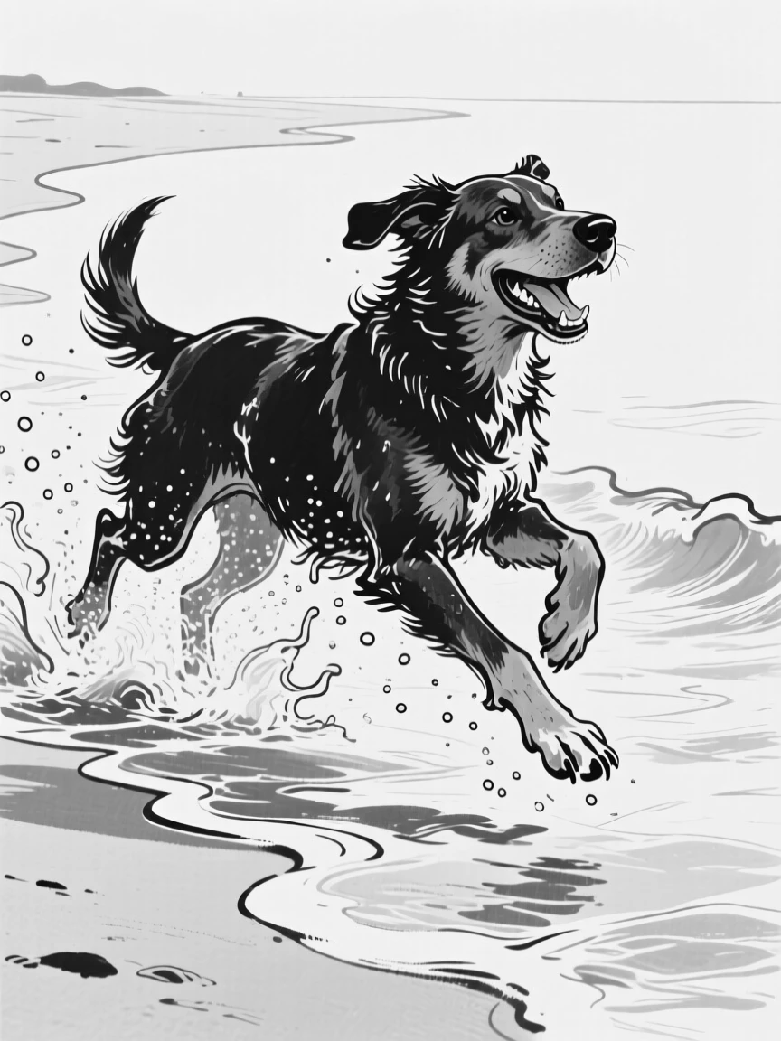 A dog joyfully splashing through shallow waves at the seashore.