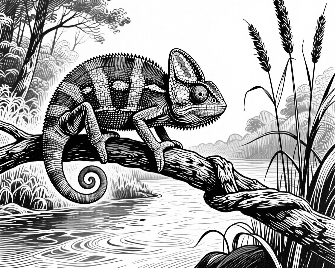A chameleon on a branch beside a calm woodland stream, framed by tall reeds, capturing a serene and majestic moment in nature with a strong, centered focal point.