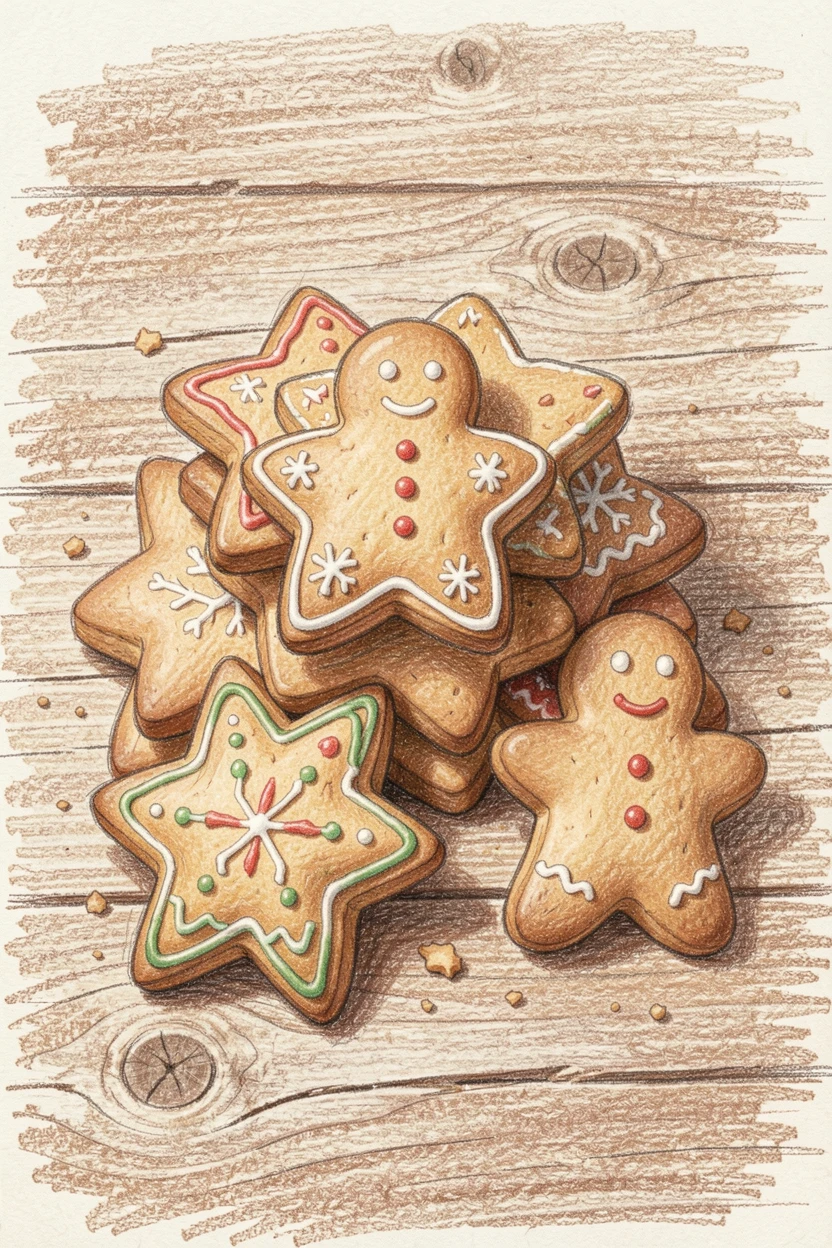 A stack of gingerbread cookies decorated for the holidays, arranged casually on a rustic wooden surface, evoking comfort, warmth, and the simple pleasure of good food.