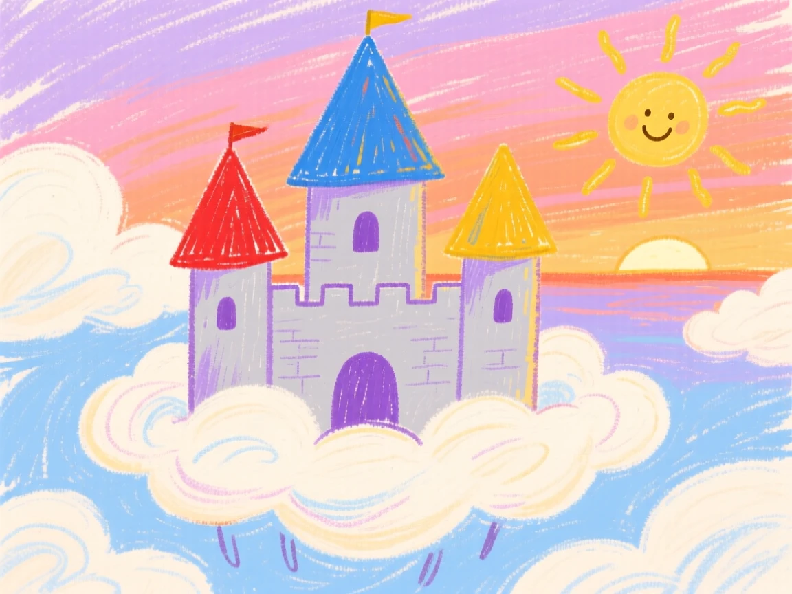 A castle floating gently among the clouds at sunset.