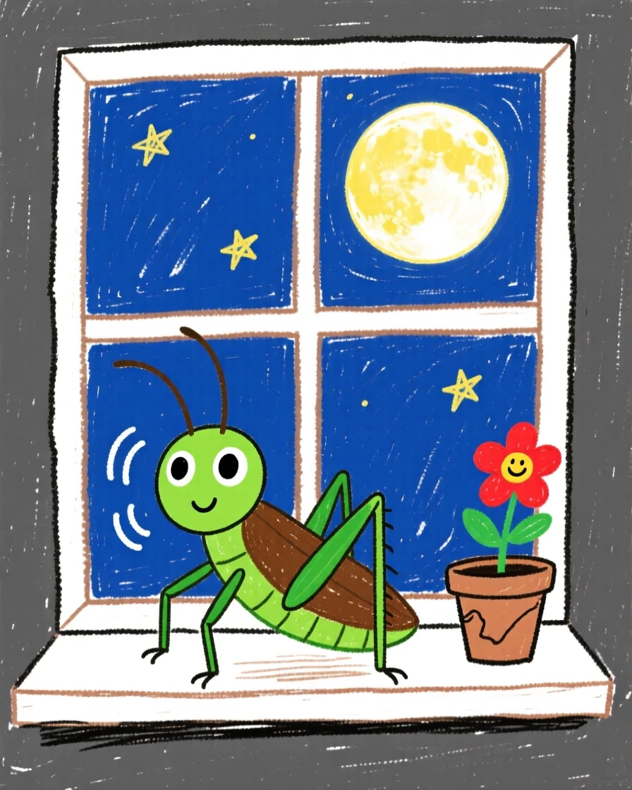 A cricket chirping on a moonlit windowsill.