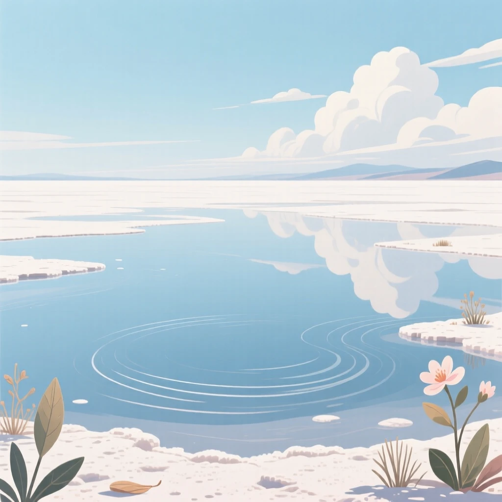 A vast salt flat reflecting the sky like a mirror, with gentle wind rippling across the landscape, arranged with layered depth creating a sense of vastness, with delicate textures visible in every leaf and petal.