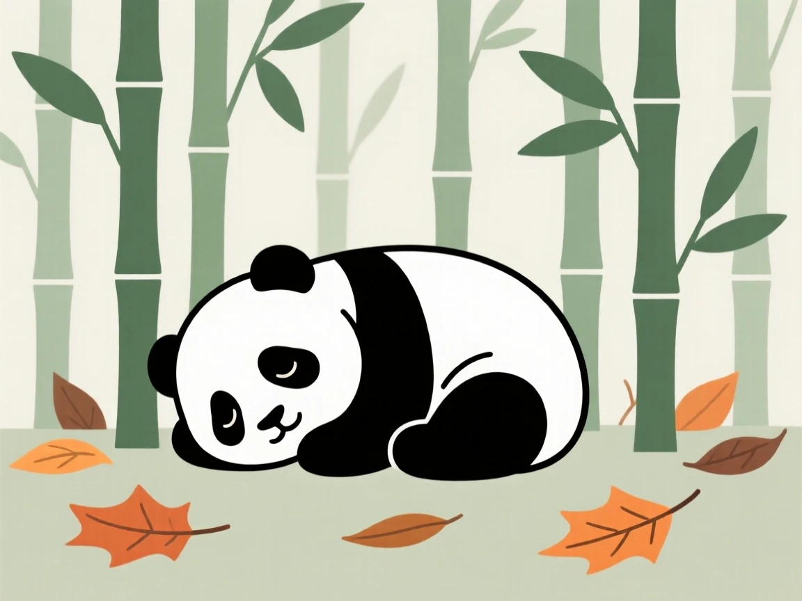 A panda cub curled up asleep in a bamboo grove, near scattered autumn leaves, giving off a sense of quiet tenderness.