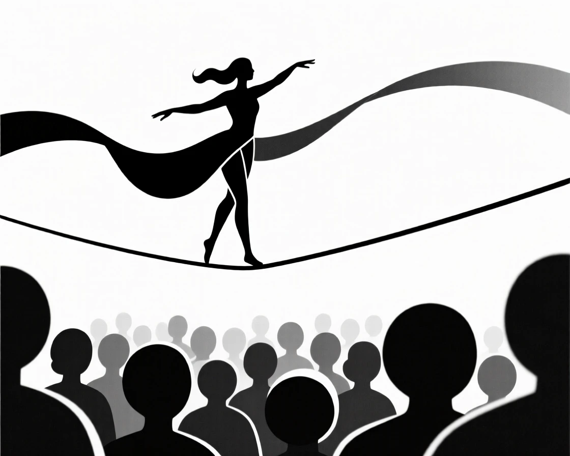 A tightrope walker balancing high above a crowd.