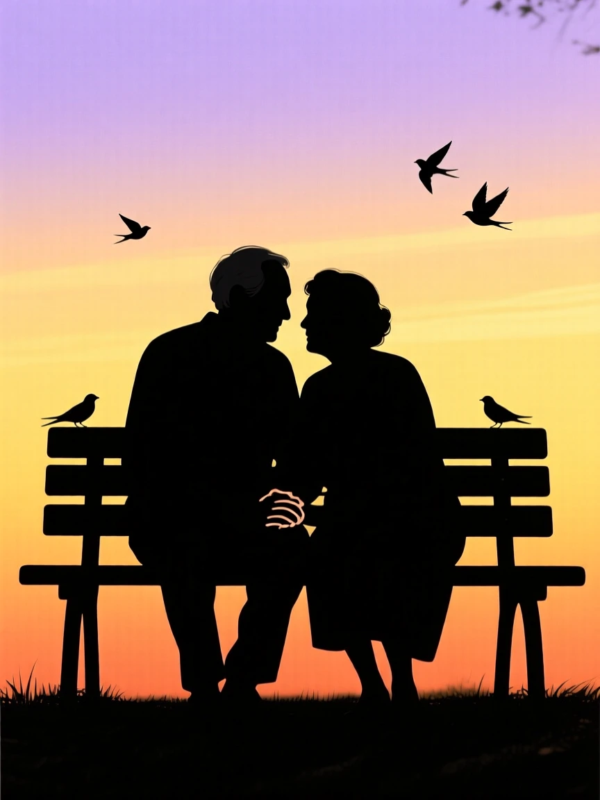 An elderly couple holding hands on a park bench, watching birds together.