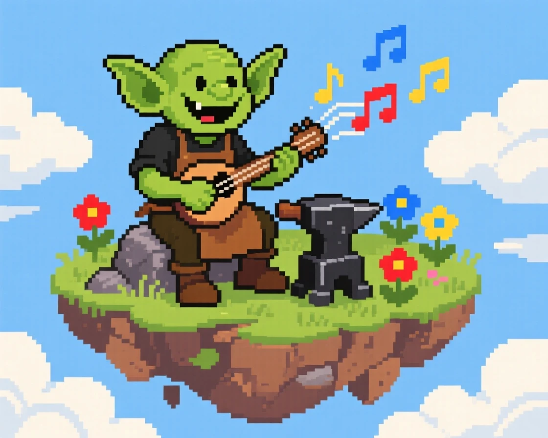 A cheerful goblin blacksmith playing music that makes flowers bloom, atop a floating island surrounded by clouds.
