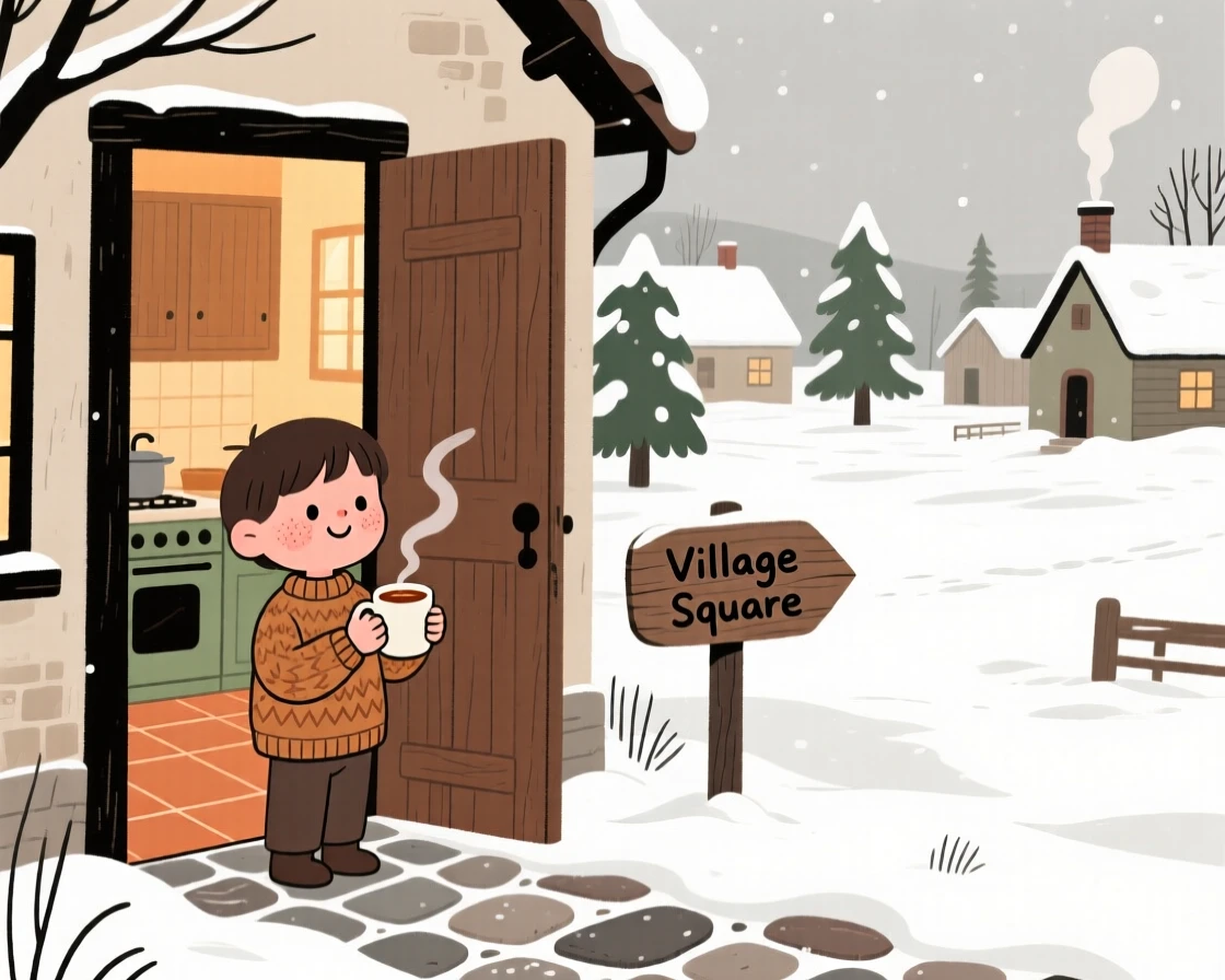 Snow blankets a quiet village square while a child watches from a warm kitchen doorway, a mug of spiced cider warming their hands.