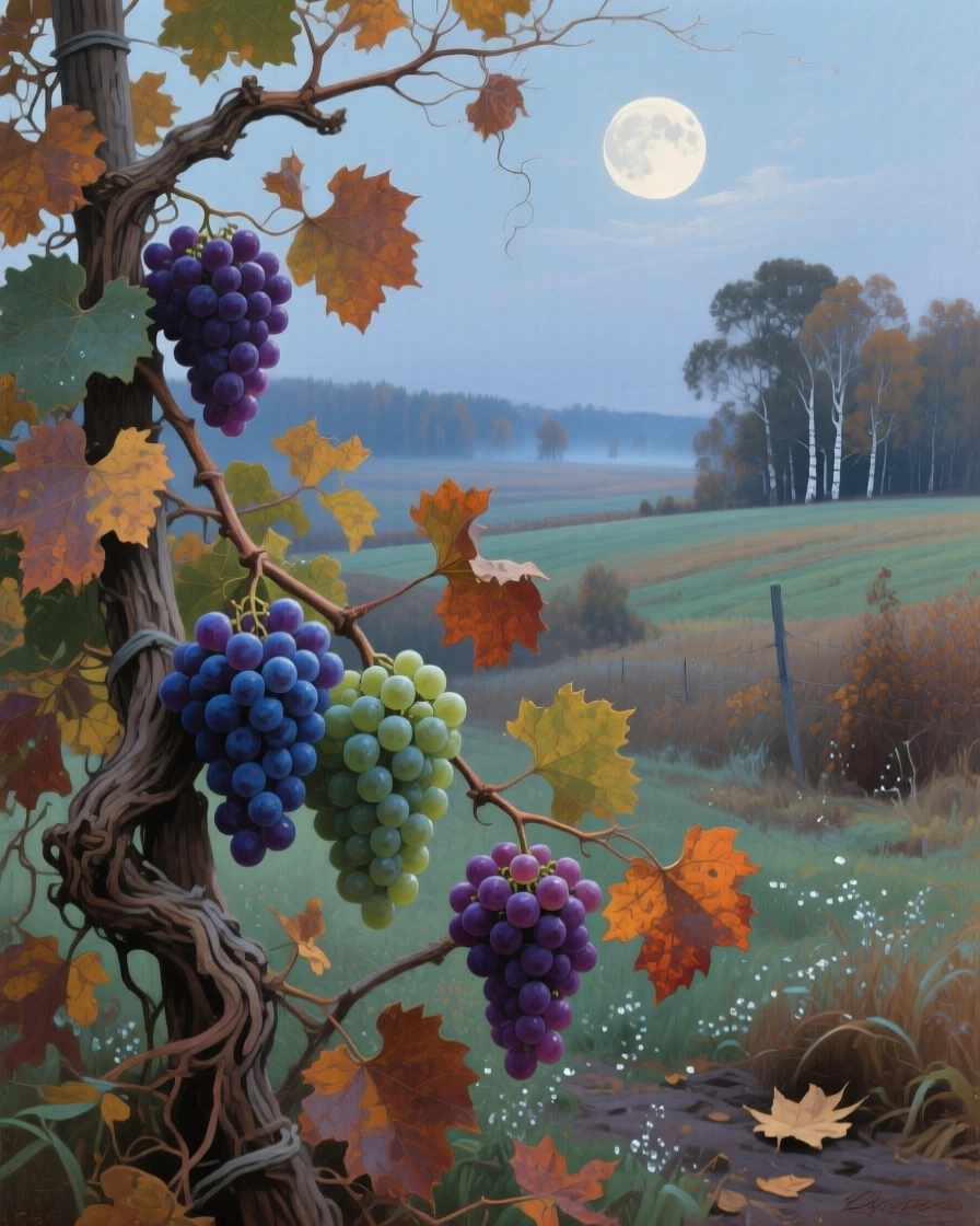 A balanced composition of grapevines heavy with fruit ready for the autumn harvest, in the Russian countryside, under a full moon.