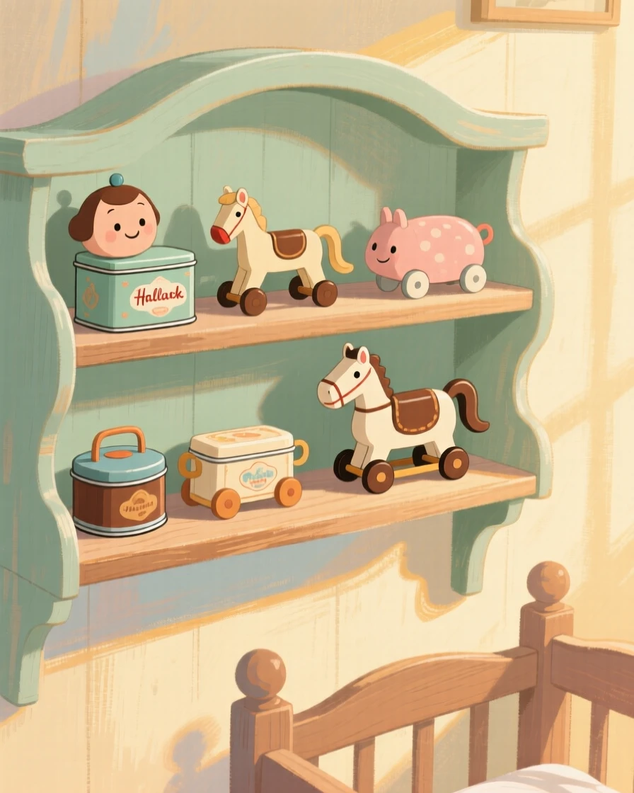 A collection of vintage tin toys arranged on a nursery shelf