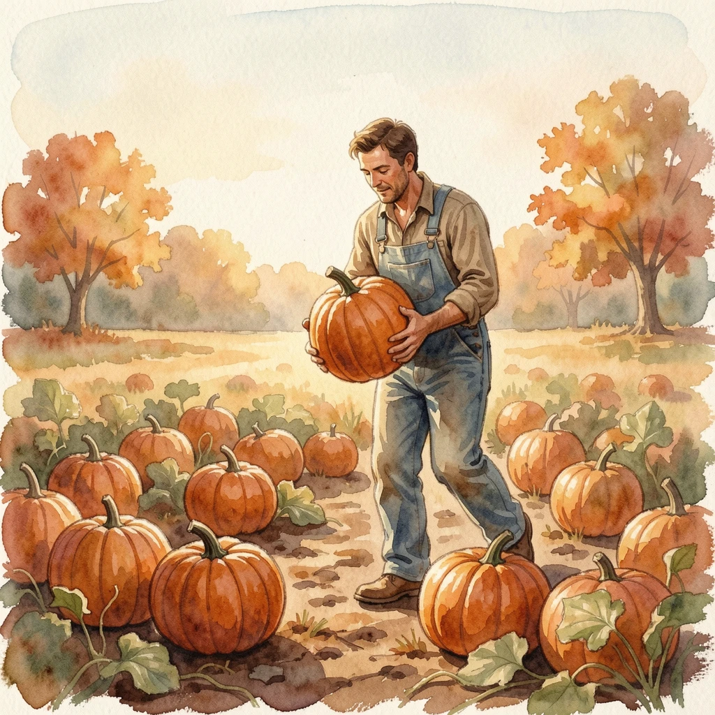 A farmer harvesting pumpkins in an autumn field surrounded by a warm and inviting setting.