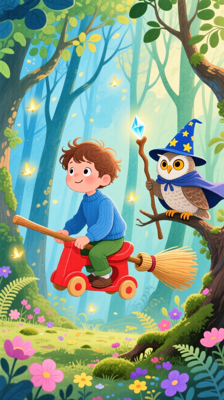 A boy riding a toy broomstick discovering an enchanted forest for the first time, greeted by a wise old owl wizard.