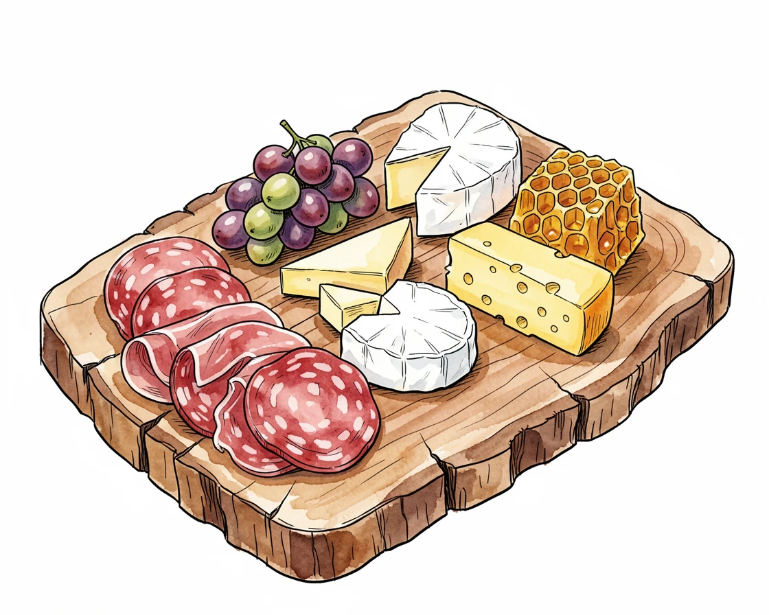 A rustic charcuterie board arranged with cured meats, cheeses, grapes, and honeycomb on a wooden slab