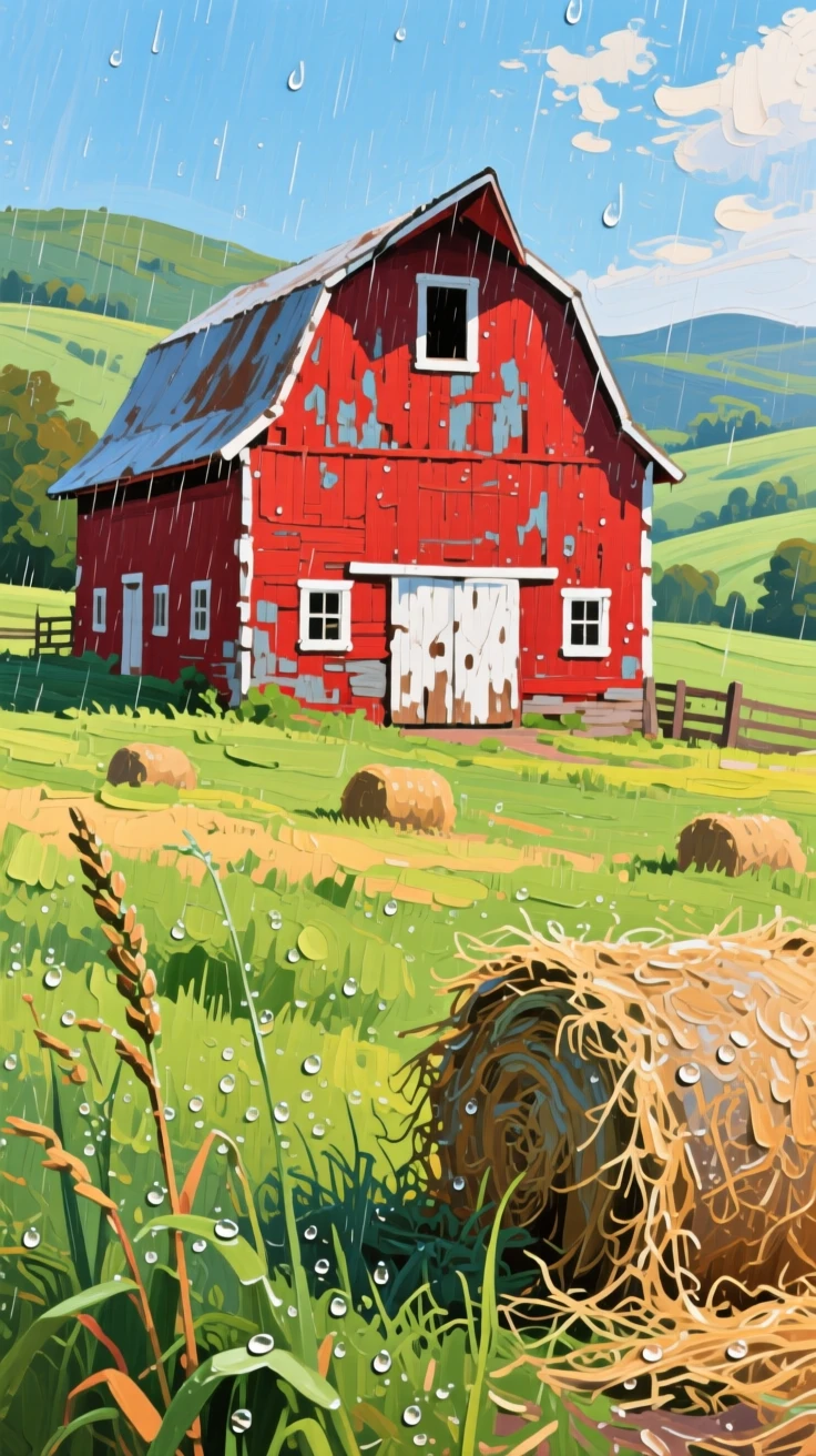 a red barn beyond rolling hay fields, after a light spring rain, with a clear foreground, subject, and distant setting.