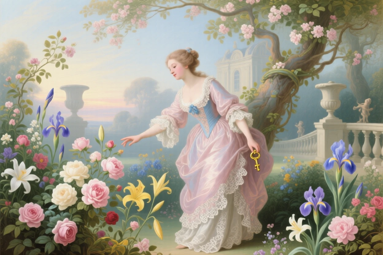 A young woman awakening a garden where every flower opens at once  