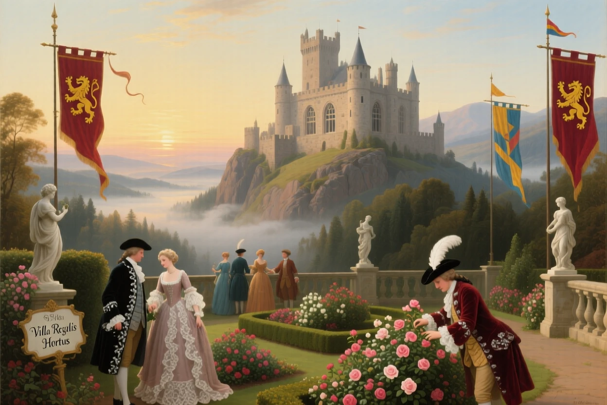 A group of nobles tends the gardens of a grand castle rising above a misty valley as banners flutter in the wind.