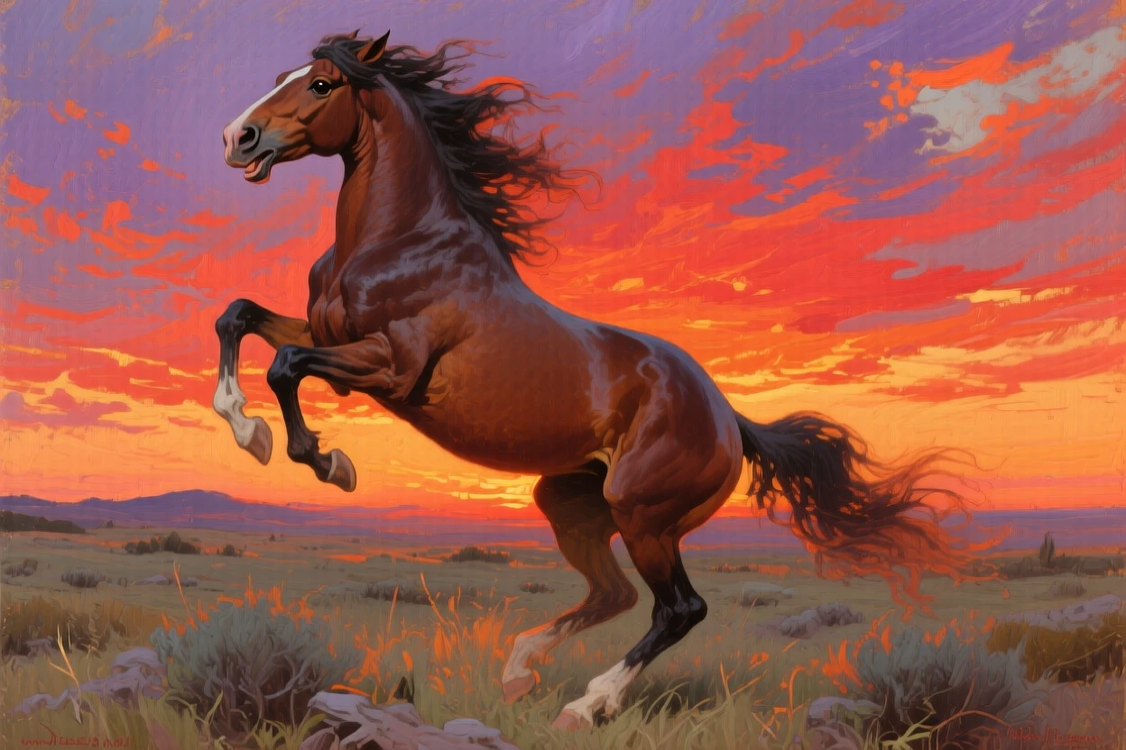 A wild mustang rearing up dramatically against a fiery sunset sky, its expression conveying an almost human sense of awareness, highlighting the quiet majesty found in the natural world