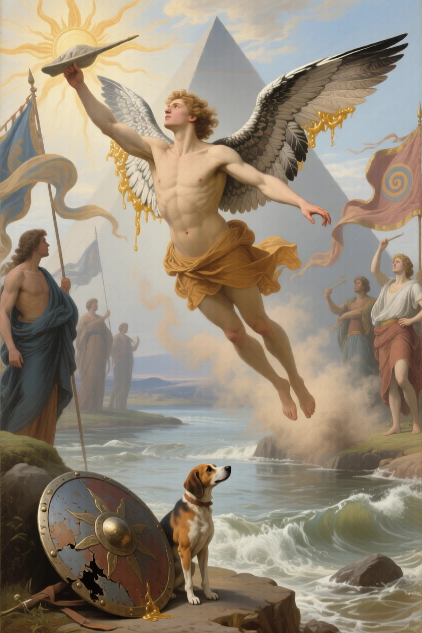 Icarus soaring toward the sun on wings of feathers and wax amid swirling banners and rising dust, set beside the rushing waters of a mythic river, with a faithful hound and a fallen shield resting nearby; the composition centers the hero in a pyramid of surrounding figures, charged with heroic resolve and quiet foreboding.