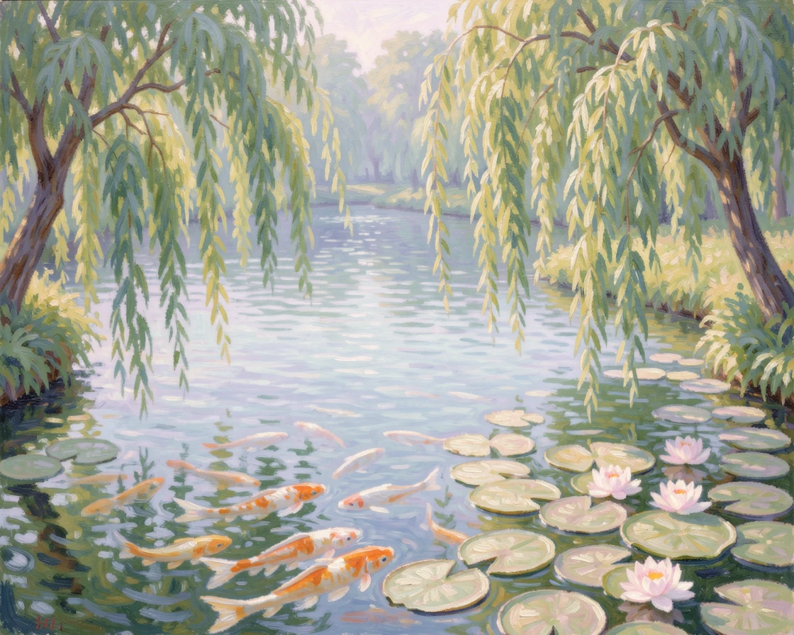 A tranquil pond bordered by weeping willows, koi fish drifting lazily beneath lily pads.