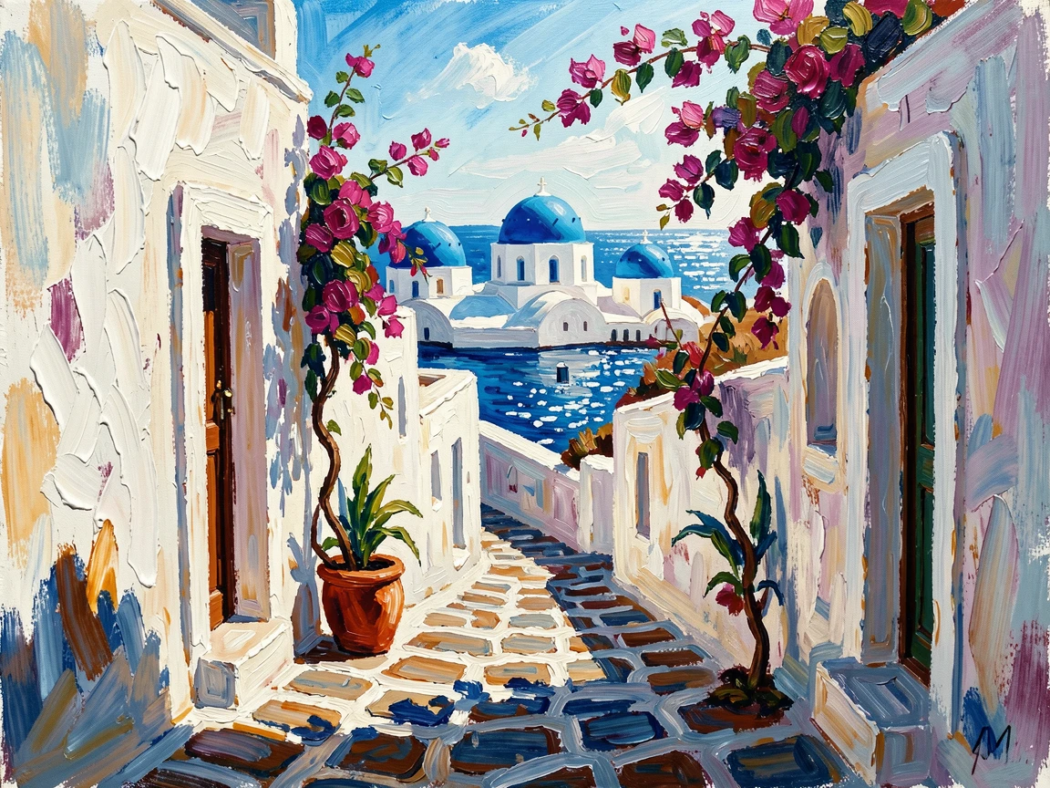 A narrow alleyway in Santorini with whitewashed walls and blue-domed rooftops overlooking the sea.