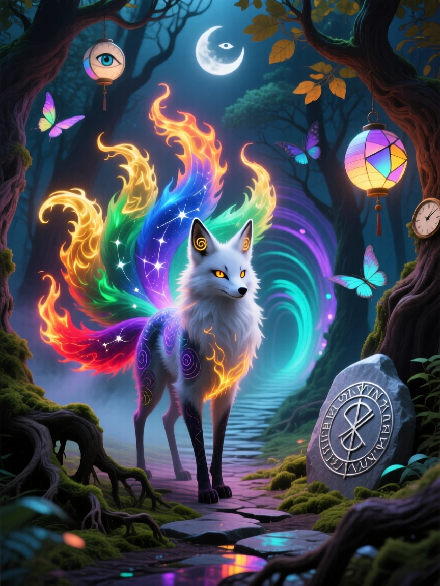 A kitsune with nine tails each trailing a different color of flame guards a hidden path that few have ever found, while the surrounding air shimmers faintly with old magic.