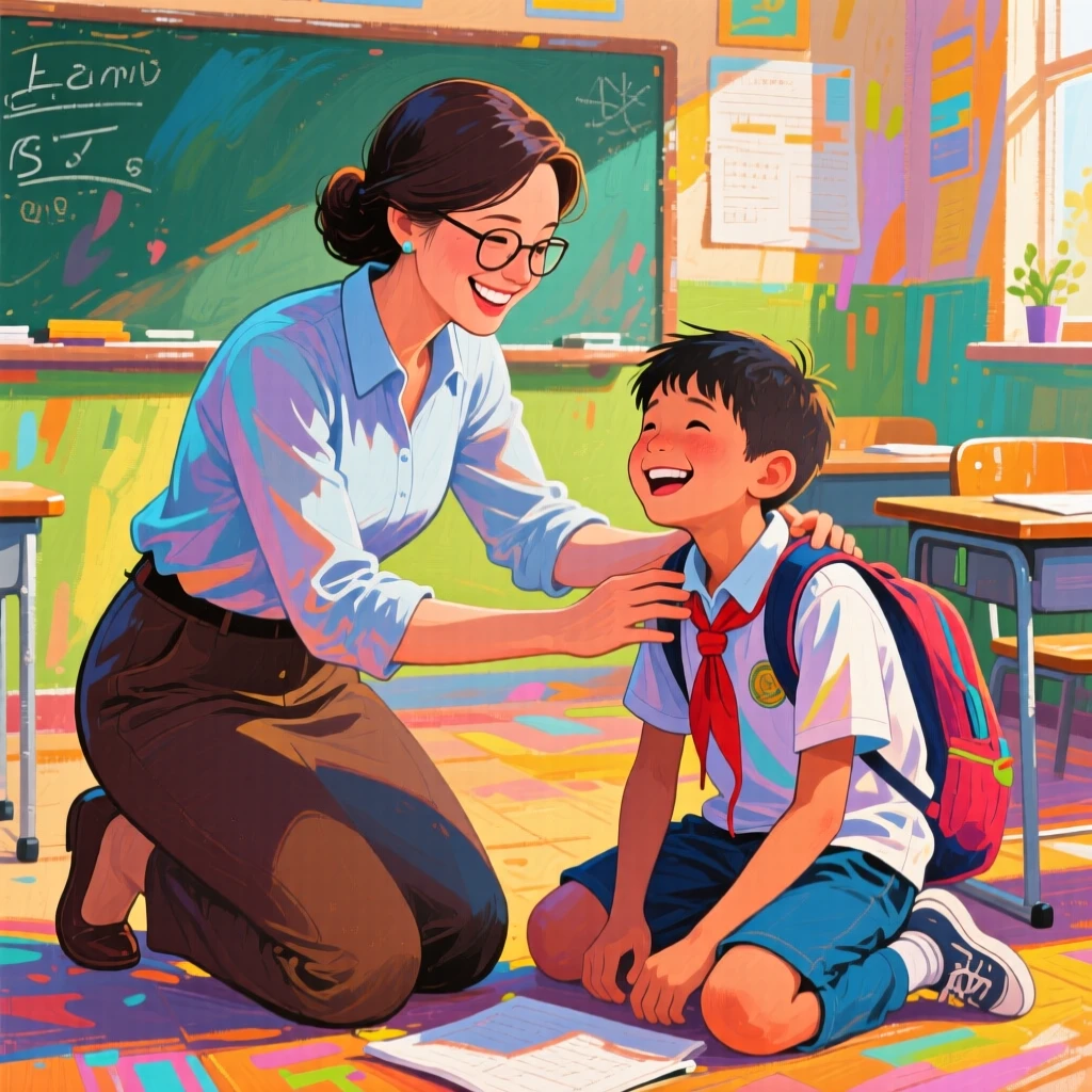A teacher kneeling to help a struggling student, both smiling as the lesson finally clicks