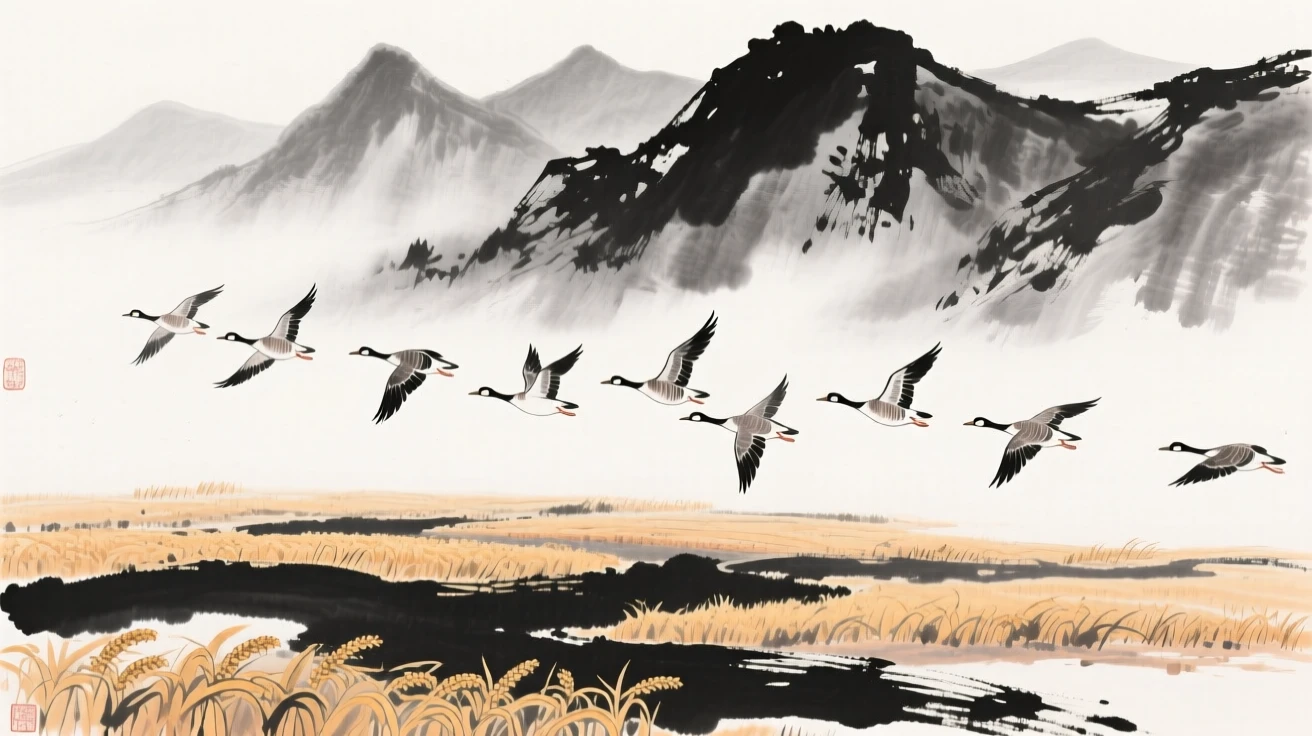 Migrating geese pass above a range of distant misty peaks, above fields turning gold with the season.