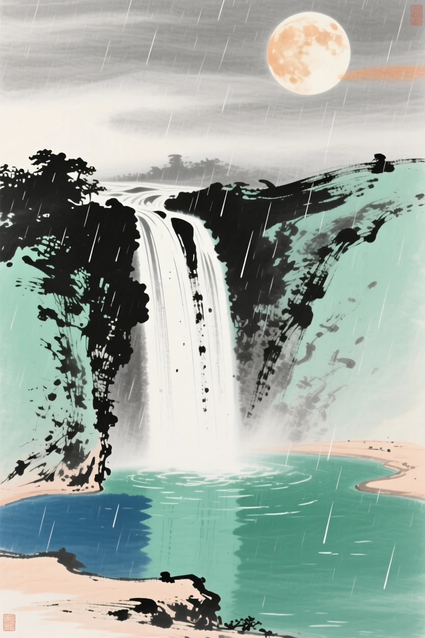 A cascading waterfall plunging into a deep emerald pool, in a gentle drizzle, conveying a deep sense of harmony with nature, under a full moon.