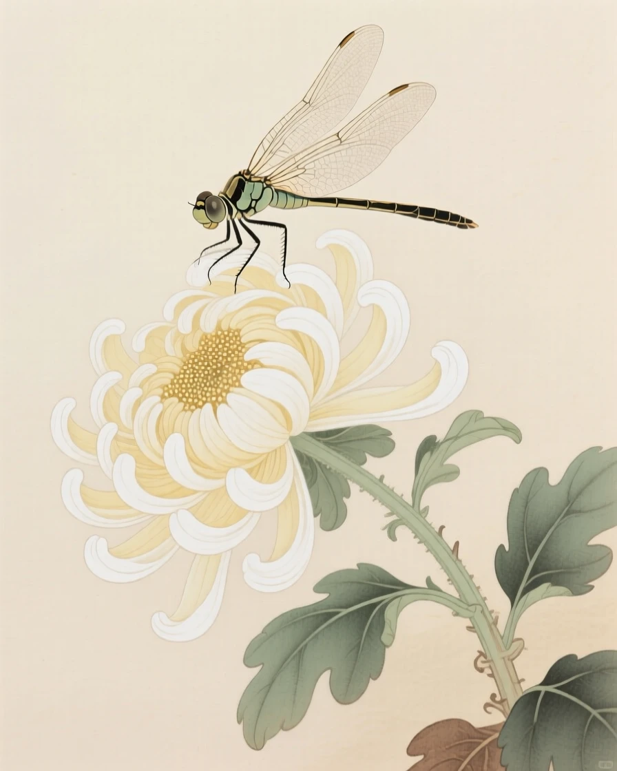 A dragonfly with translucent wings on the edge of a chrysanthemum bloom