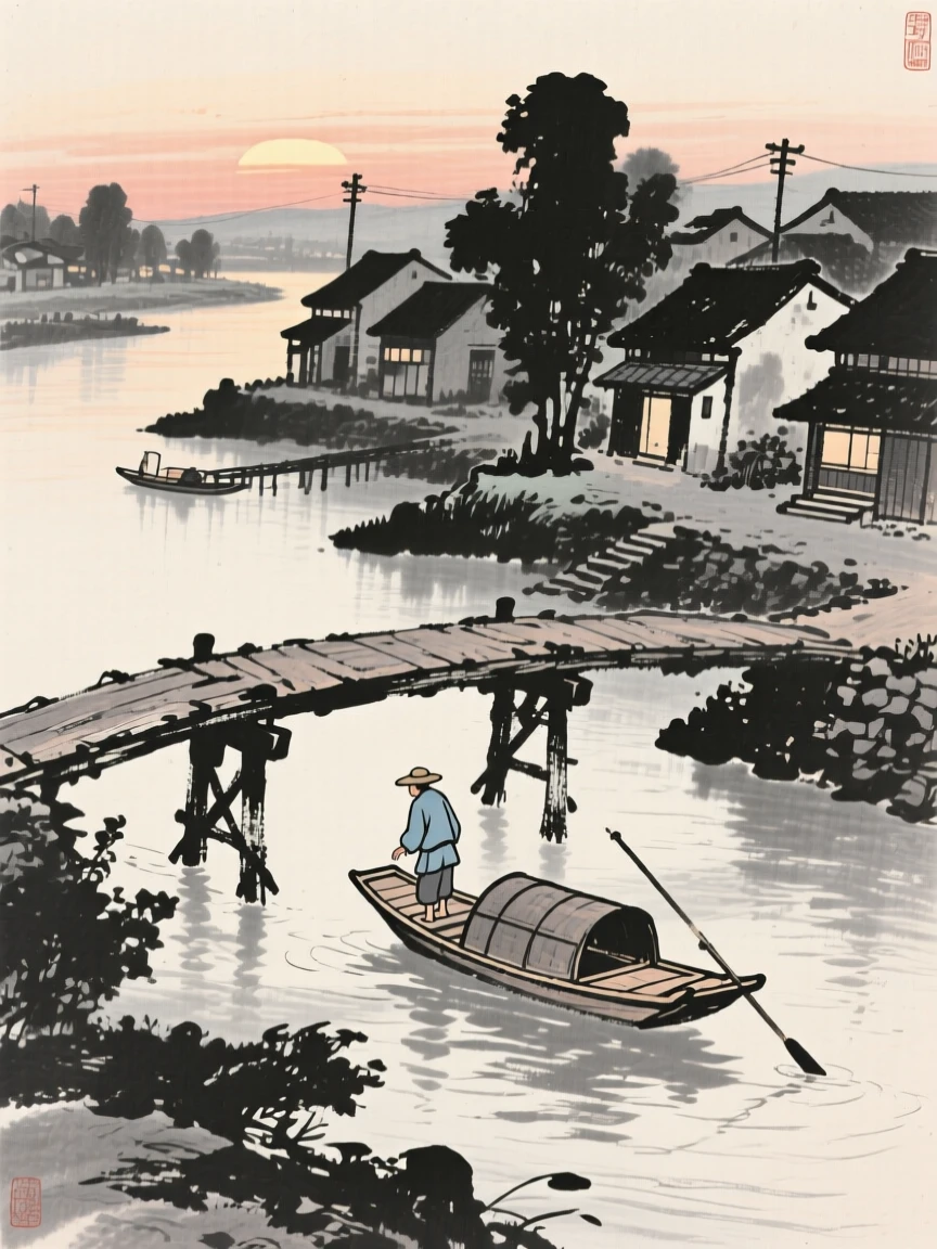 A boatman crossing an old wooden bridge at dusk in a small riverside village, composed with soft light falling across the scene, suggesting harmony between people and their surroundings.