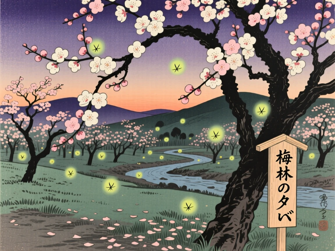 A blossoming plum orchard, glowing softly with fireflies at dusk.