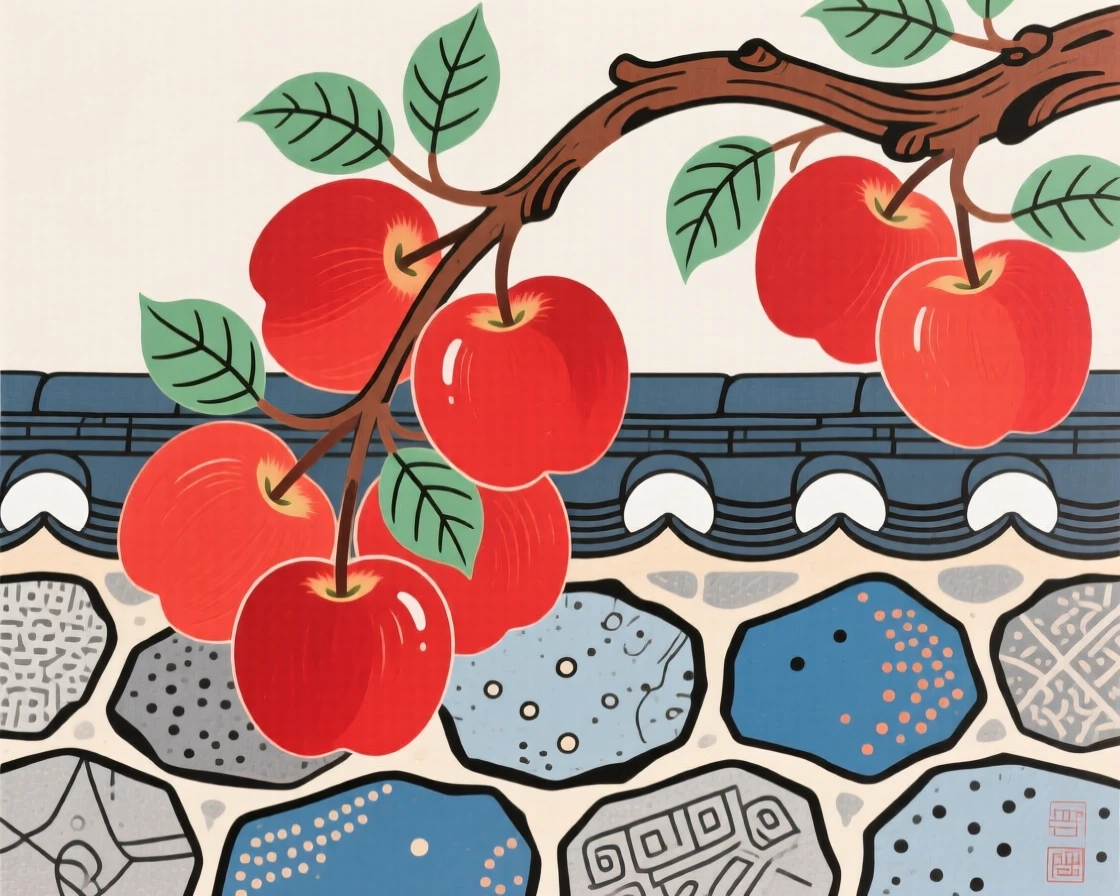 A cluster of ripe red apples on a branch beside a stone garden wall.