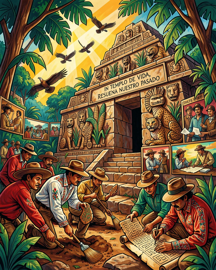 A group of explorers discovering a hidden temple ruin