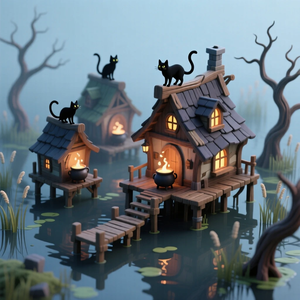 A witch's coven village hidden in a foggy swamp, with crooked cottages on stilts, bubbling cauldrons visible through windows, and black cats on every rooftop.