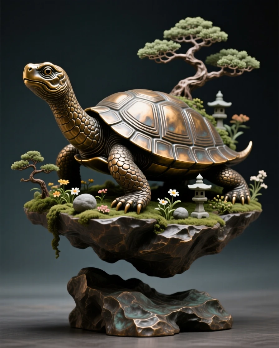 A wise old turtle spirit carrying a floating garden, rendered with dramatic, sweeping composition, radiating awe and grandeur