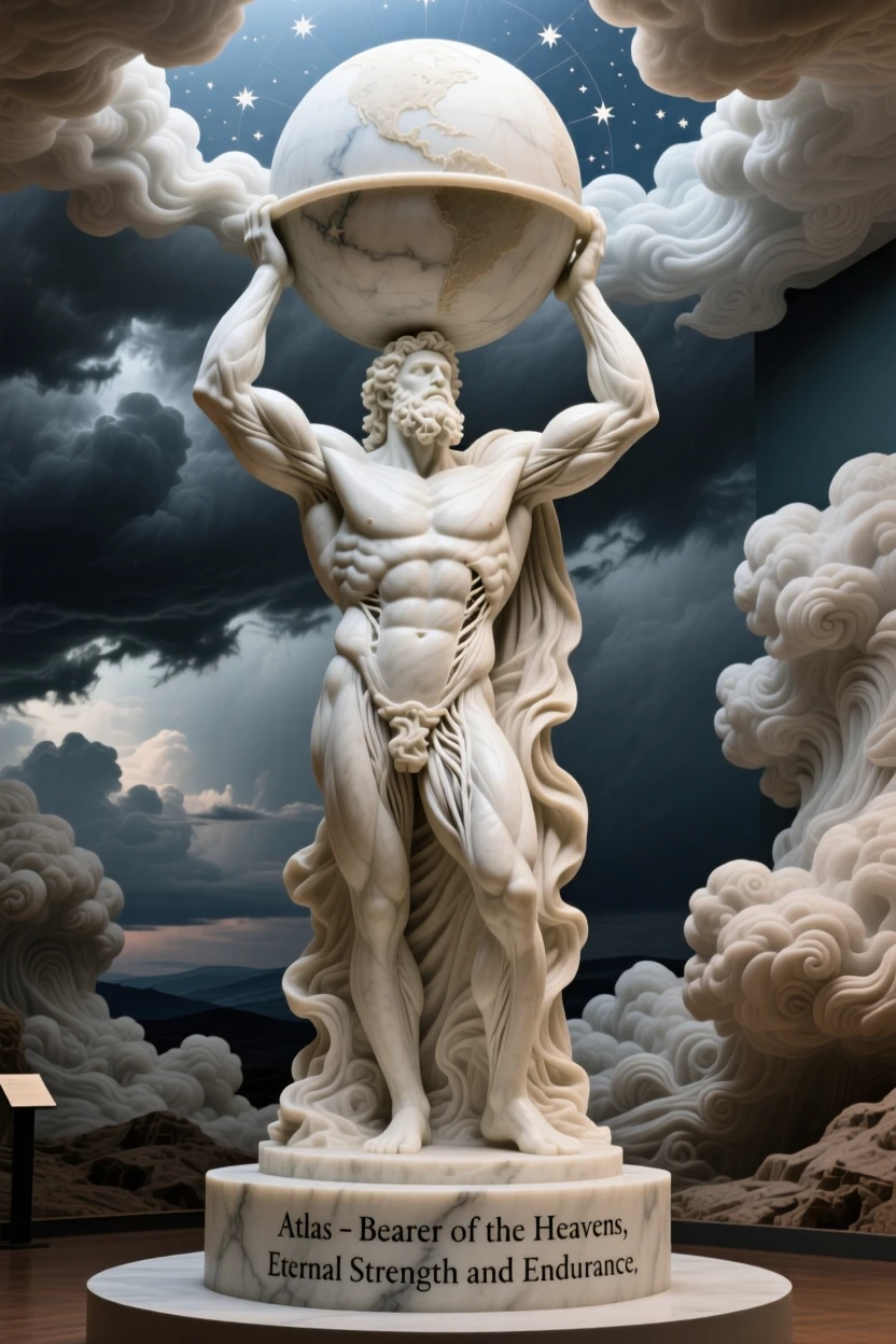 A titan holding up the weight of the sky, framed by dramatic storm clouds, radiating power and legend