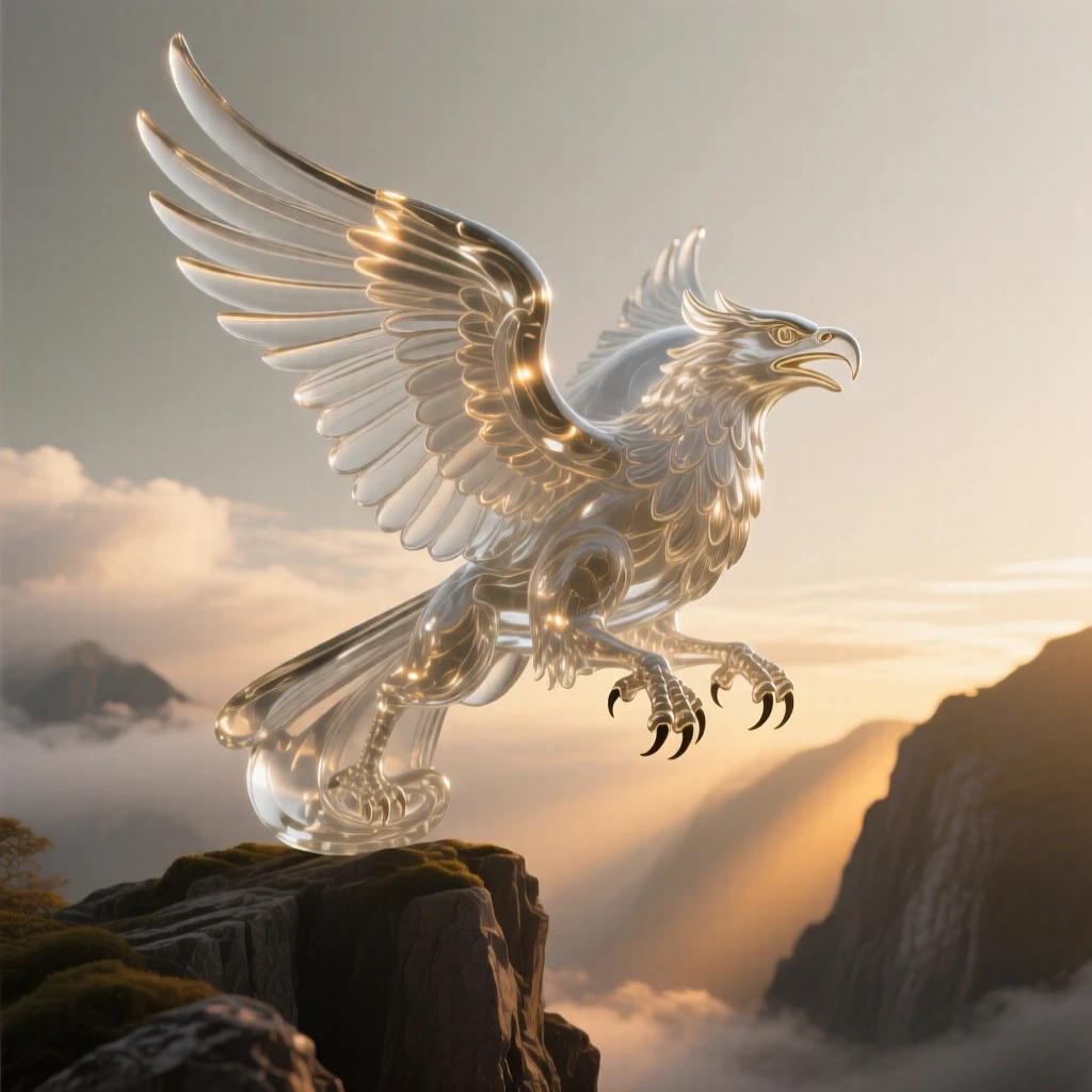 A griffin soaring above misty cliffs at golden hour with warm rays breaking through the clouds, epic scale composition, inspiring a sense of wonder and hope.