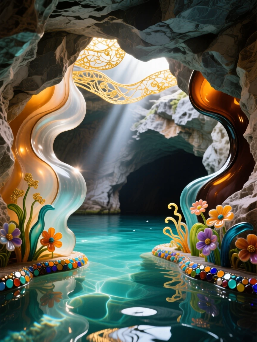 A hidden grotto with sunlight streaming through a natural rock opening onto turquoise water, magical and secret.