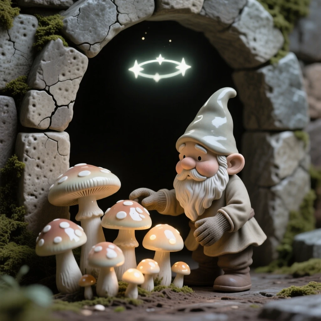 A tiny gnome tending a garden of glowing mushrooms standing guard beside an ancient stone archway, haloed by a faint circle of starlight, stirring a sense of awe and quiet reverence.
