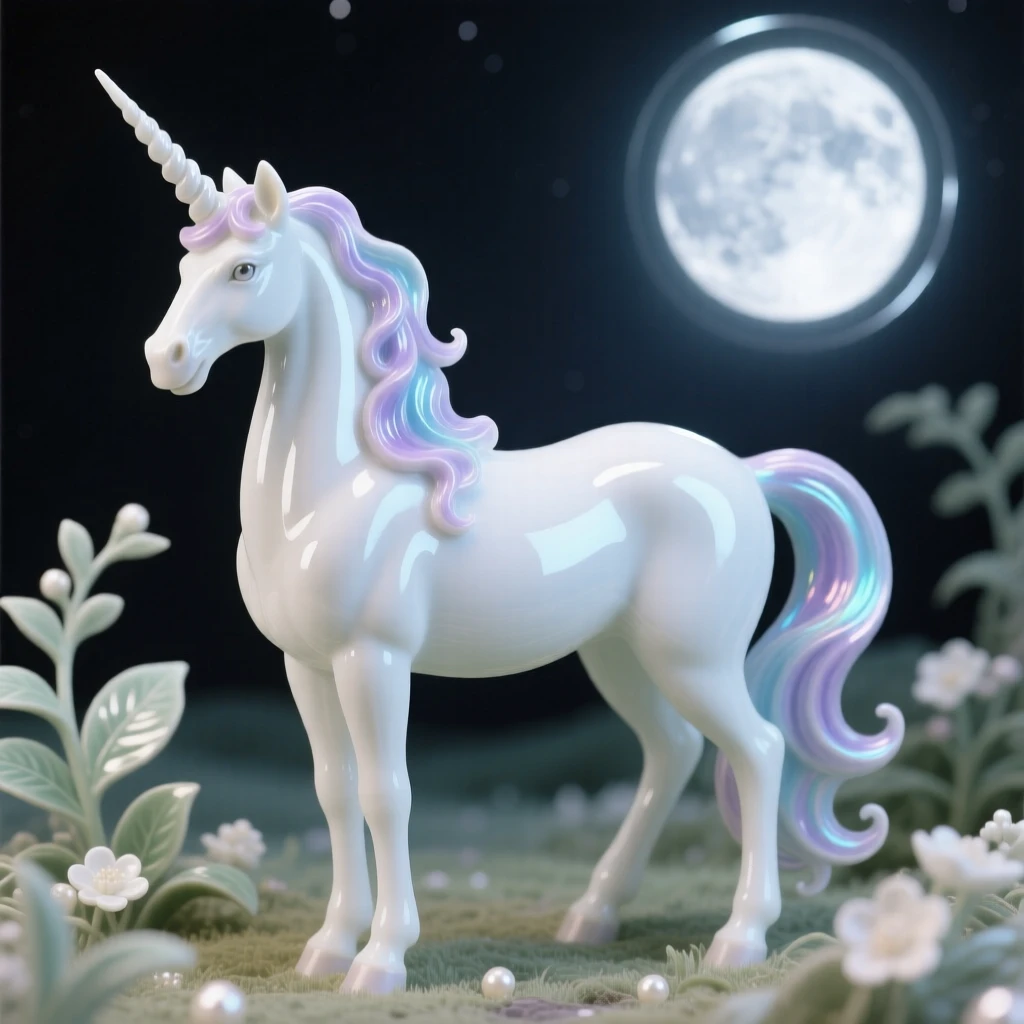 A majestic unicorn standing in a moonlit glade, radiant light haloing its form.