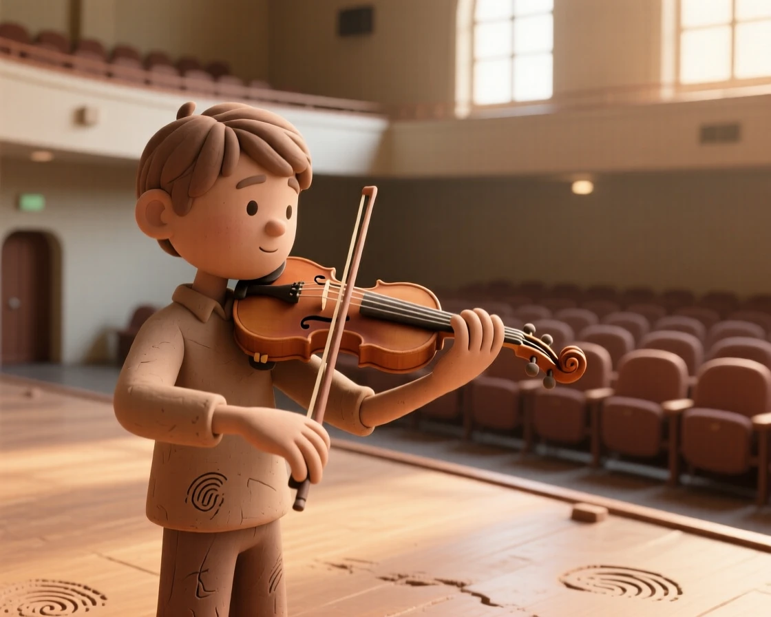 A young violinist practicing alone in an empty concert hall bathed in light