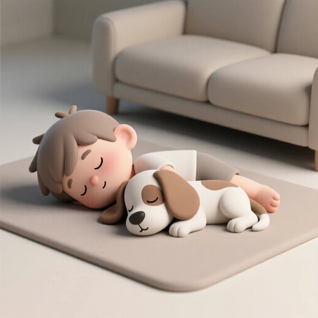 A little boy naps curled up with a floppy-eared puppy, both breathing softly on a cozy living room rug.