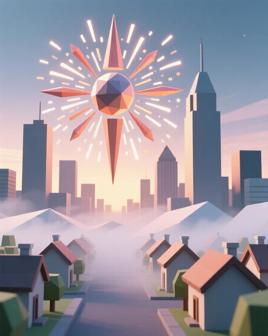 A vibrant fireworks display bursting over a city skyline, as morning mist clears over a festive village. the composition centers on the main celebratory focal point. It captures a moment of pure celebration.