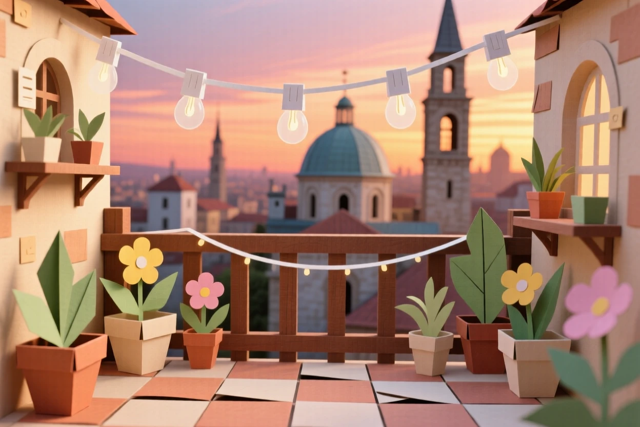 A vibrant rooftop terrace overlooking a historic old city at sunset, string lights and potted plants framing the view of domes and spires, evoking romantic travel atmosphere.