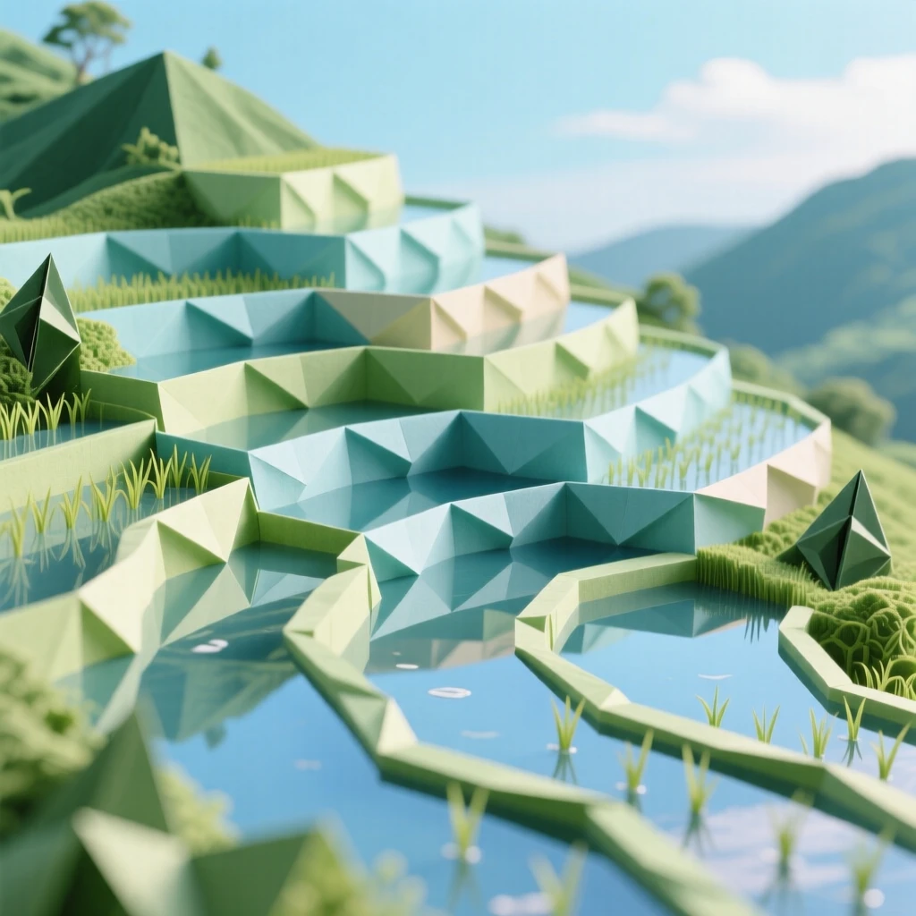 A tranquil rice terrace carved into a hillside, flooded paddies reflecting the sky like mirrors.