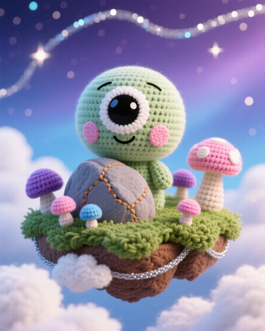 a round baby cyclops, with one large friendly eye, peeking shyly from behind a rock, within a floating island drifting among the clouds, near a ring of softly glowing toadstools, radiating dreamy tranquility under a magical sky.